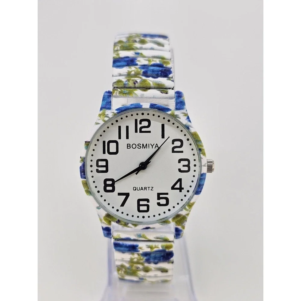 Women Watch Large Numerals 36MM Multicolor Flowers Stretch Band 6.5